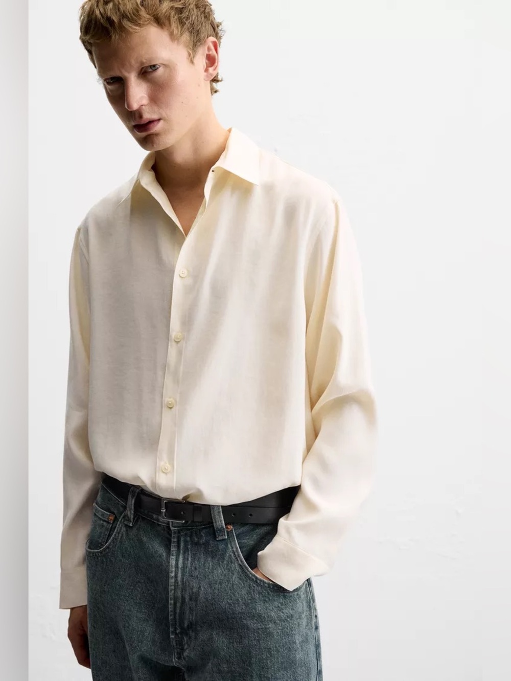 Zara Men’s FLOWING MODAL BLEND SHIRT Cream Relaxed Fit Sz Large Office